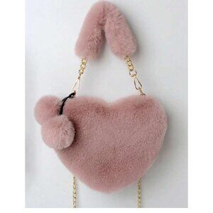 White Vintage Champagne Heart-Shaped Fur Purse with Playful Pom-Pom Balls